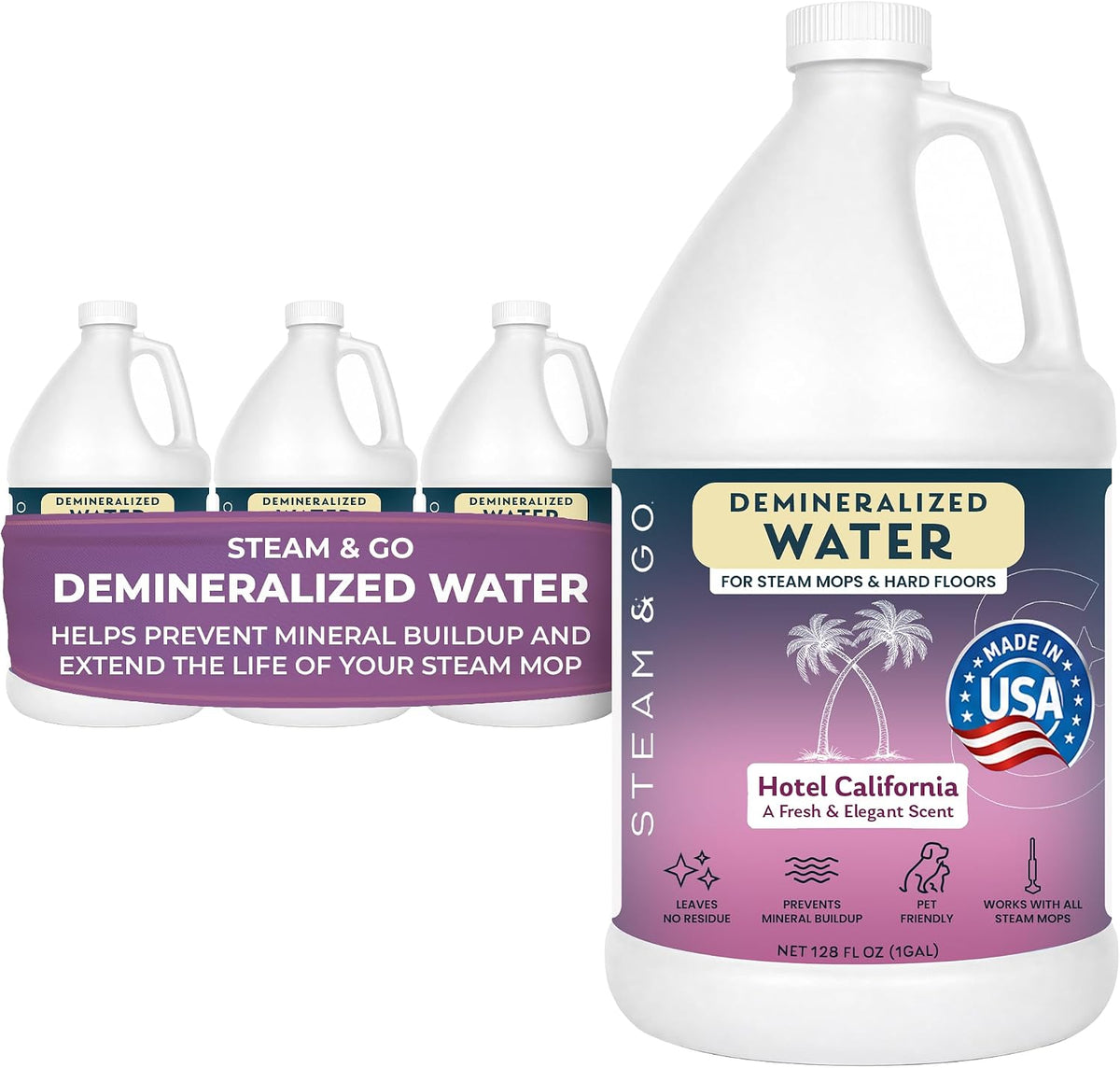 Steam & Go Hotel California scented demineralized water for steam mops, 4-pack of 1-gallon jugs, made in USA, helps prevent mineral buildup and extend steam mop life