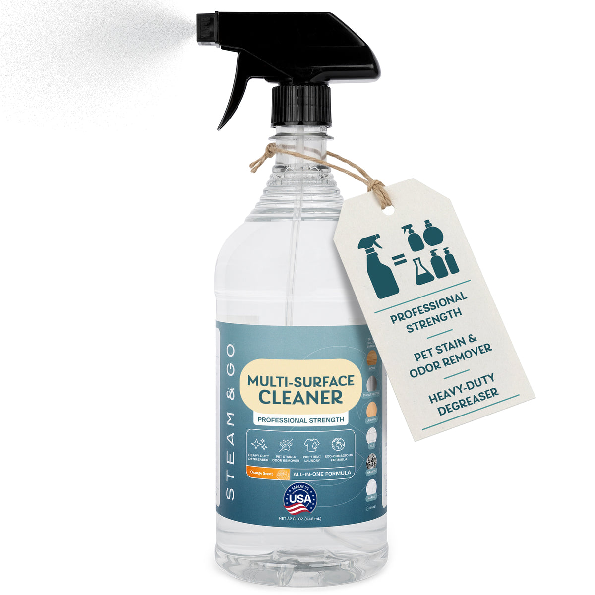 Steam & Go professional strength multi-surface cleaner 32 oz spray bottle, heavy-duty degreaser and pet stain and odor remover, made in USA