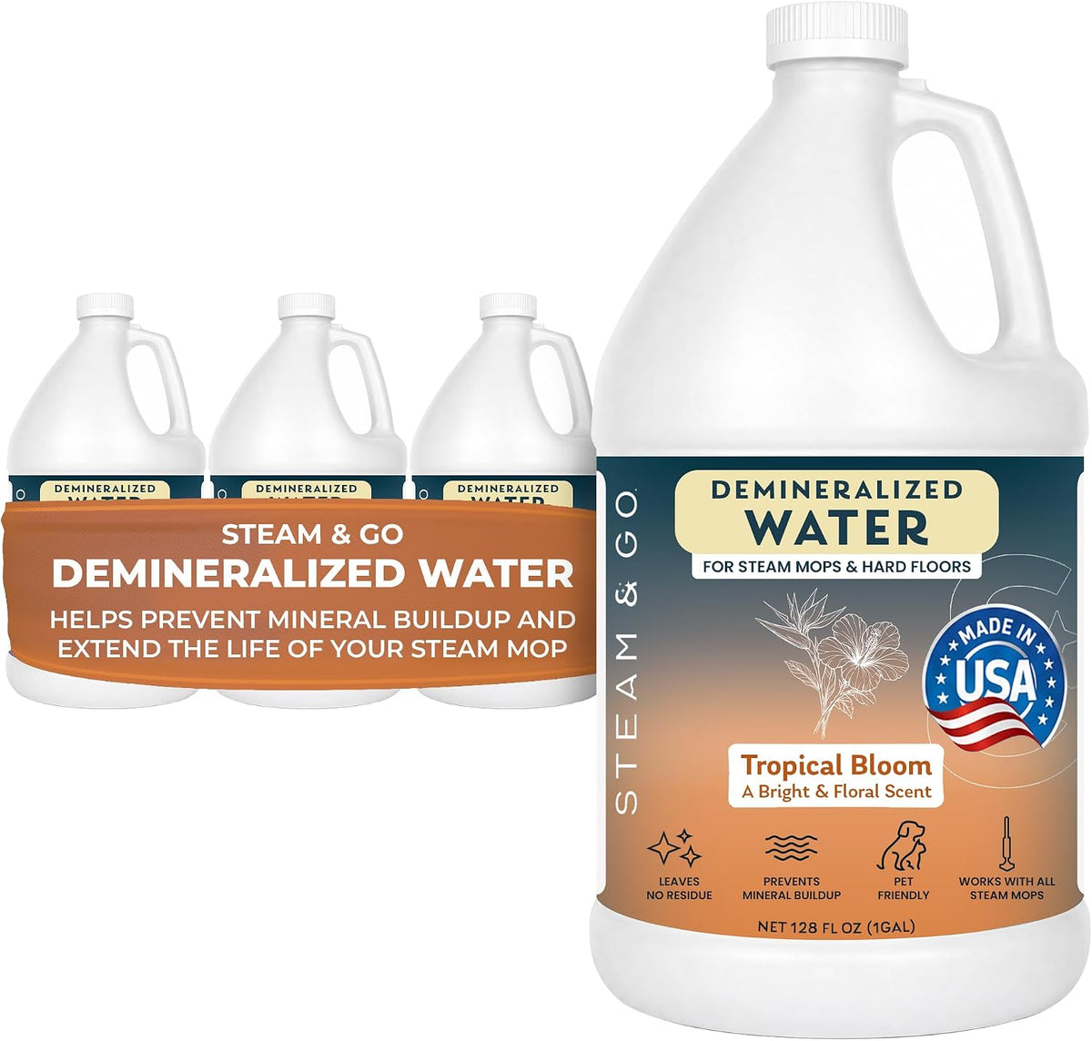 Steam & Go Tropical Bloom scented demineralized water for steam mops, 4-pack of 1-gallon jugs, made in USA, helps prevent mineral buildup and extend steam mop life