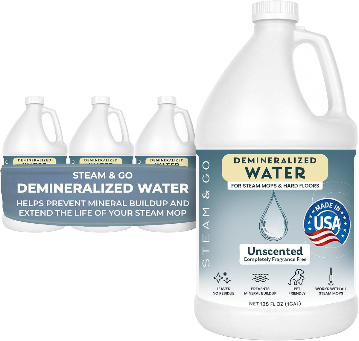 Steam & Go unscented demineralized water for steam mops, 4-pack of 1-gallon jugs, made in USA, helps prevent mineral buildup and extend the life of your steam mop