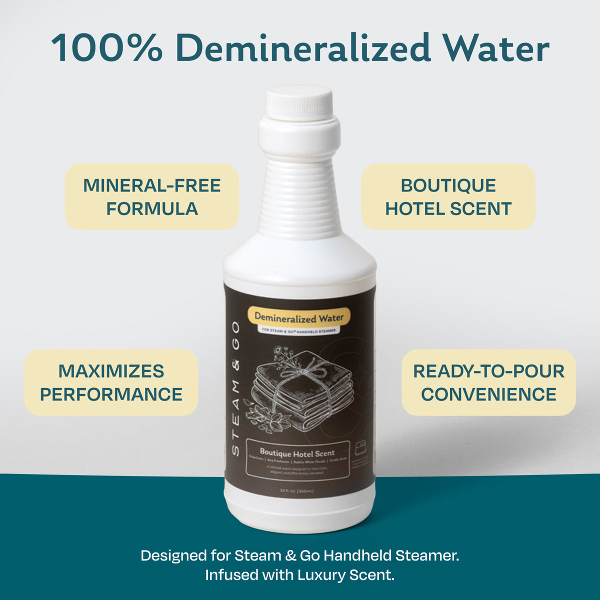 Steam & Go 100% demineralized water with Boutique Hotel scent, mineral-free and ready to pour into Steam & Go handheld steamers