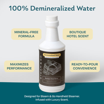 Steam & Go 100% demineralized water with Boutique Hotel scent, mineral-free and ready to pour into Steam & Go handheld steamers