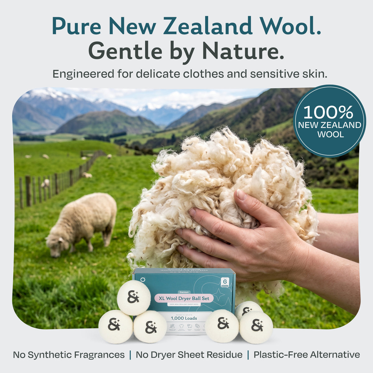 Steam & Go XL wool dryer balls made from 100% New Zealand wool, gentle on delicate clothes and sensitive skin, with no synthetic fragrances