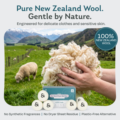 Steam & Go XL wool dryer balls made from 100% New Zealand wool, gentle on delicate clothes and sensitive skin, with no synthetic fragrances