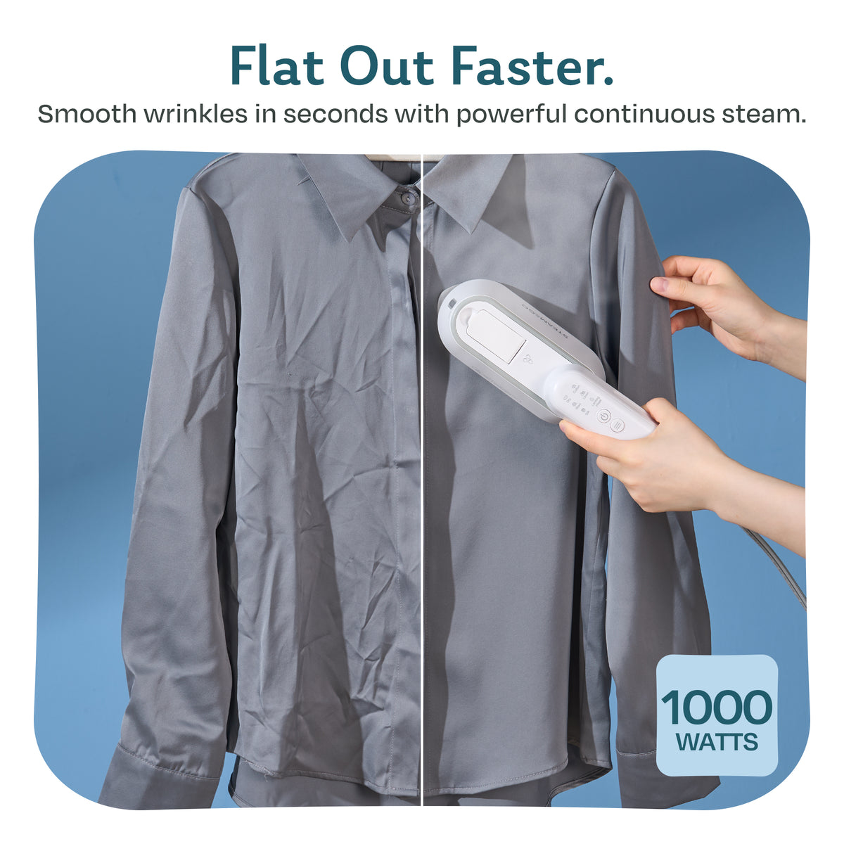 Before and after: 1000W handheld garment steamer smoothing wrinkles from a gray dress shirt in seconds with continuous steam