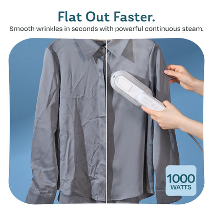 Before and after: 1000W handheld garment steamer smoothing wrinkles from a gray dress shirt in seconds with continuous steam