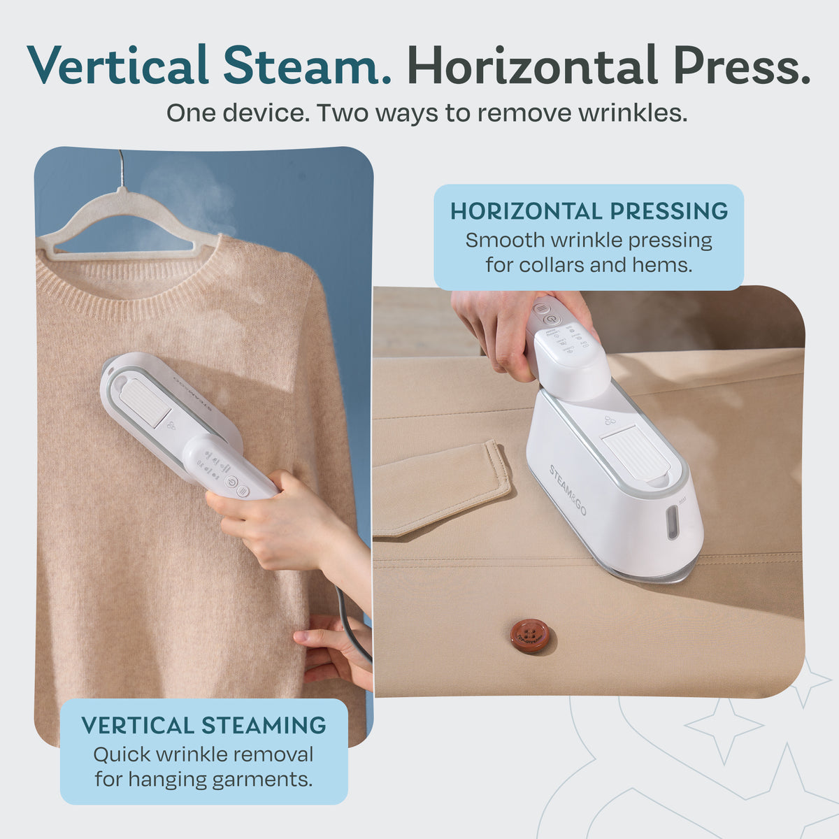 2-in-1 handheld garment steamer used vertically on a hanging sweater and horizontally to press collars and hems