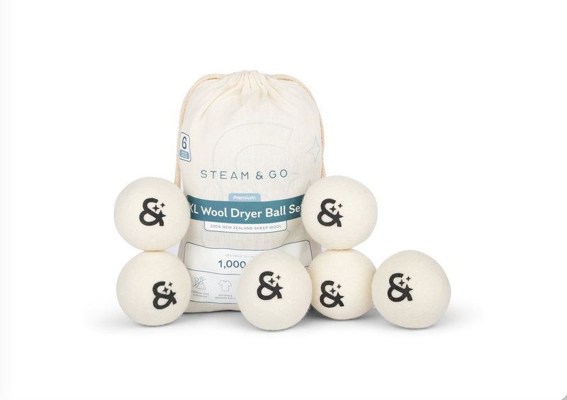 Steam & Go XL Wool Dryer Balls Set, 6 Premium 100% New Zealand Wool Laundry Dryer Balls, Natural Fabric Softener, Reusable Dryer Sheet Alternative, Reduces Static & Drying Time