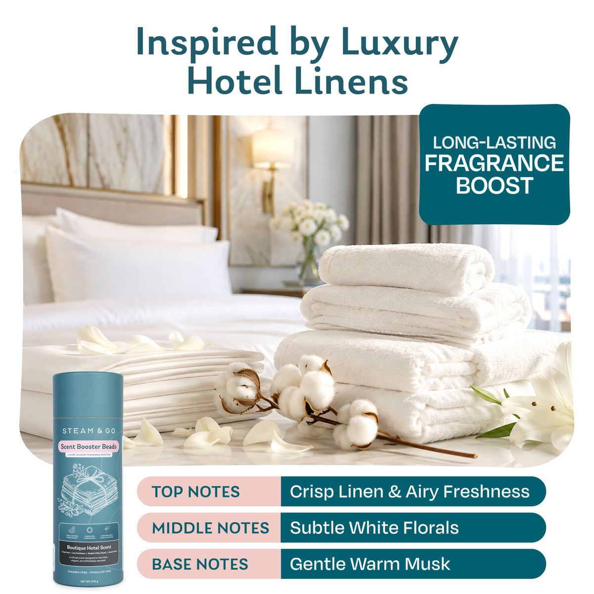 Steam & Go Boutique Hotel scent booster beads inspired by luxury hotel linens, with notes of crisp linen, white florals and warm musk
