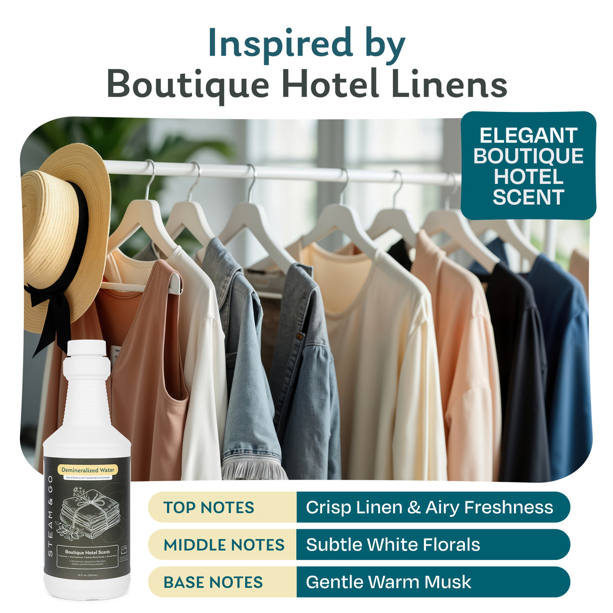 Boutique Hotel scented demineralized steamer water inspired by hotel linens, with notes of crisp linen, white florals and warm musk, beside freshly steamed clothes