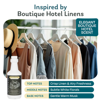 Boutique Hotel scented demineralized steamer water inspired by hotel linens, with notes of crisp linen, white florals and warm musk, beside freshly steamed clothes