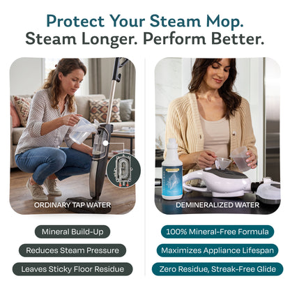 Tap water vs Clean Ocean scented demineralized water for steam mops: tap water causes mineral buildup, while mineral-free water protects the mop and leaves streak-free floors