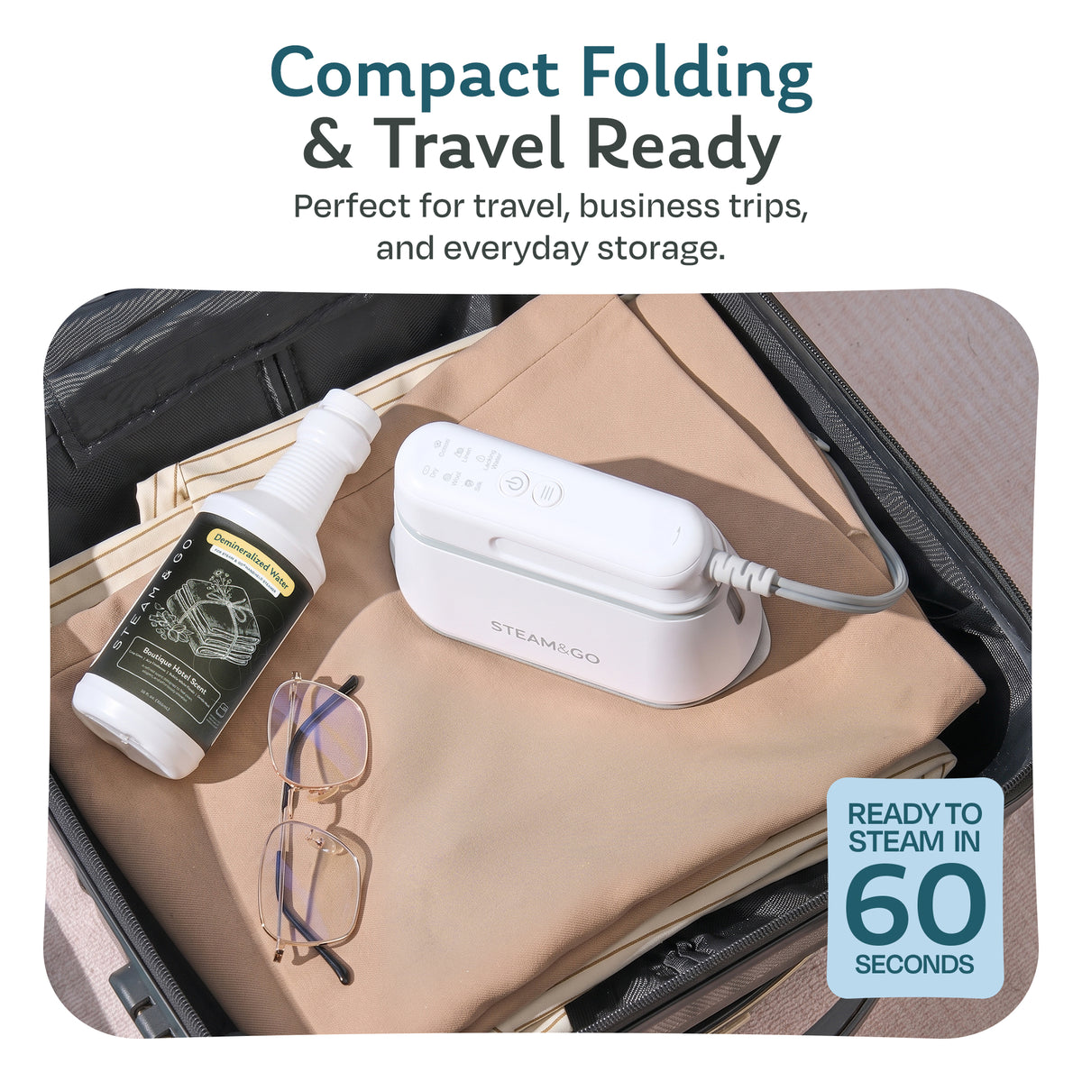 Compact folding travel garment steamer packed in a suitcase with demineralized water, ready to steam in 60 seconds for business trips and travel