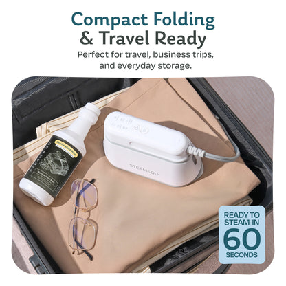 Compact folding travel garment steamer packed in a suitcase with demineralized water, ready to steam in 60 seconds for business trips and travel