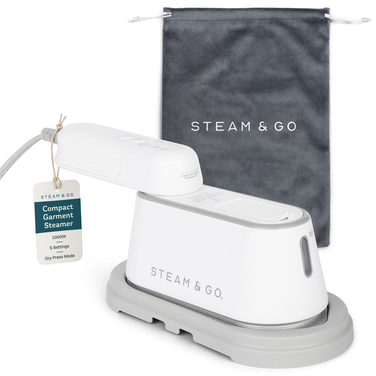 Steam & Go compact handheld garment steamer, 1000W with 5 settings and dry press mode, with travel storage bag