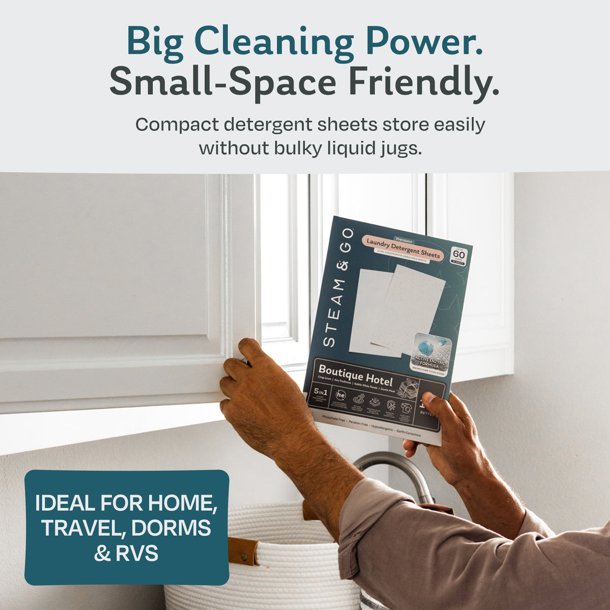 Compact box of Steam & Go laundry detergent sheets stored in a laundry room cabinet, ideal for small spaces, travel, dorms and RVs