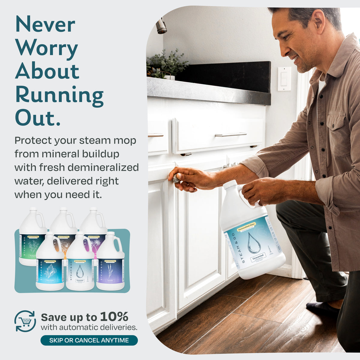 Man storing a gallon of Steam & Go demineralized steam mop water under the kitchen sink; subscribe and save up to 10% with automatic deliveries, skip or cancel anytime