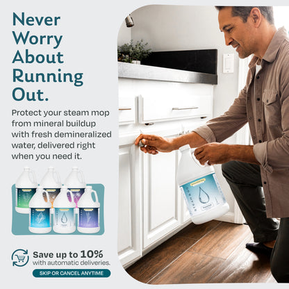 Man storing a gallon of Steam & Go demineralized steam mop water under the kitchen sink; subscribe and save up to 10% with automatic deliveries, skip or cancel anytime