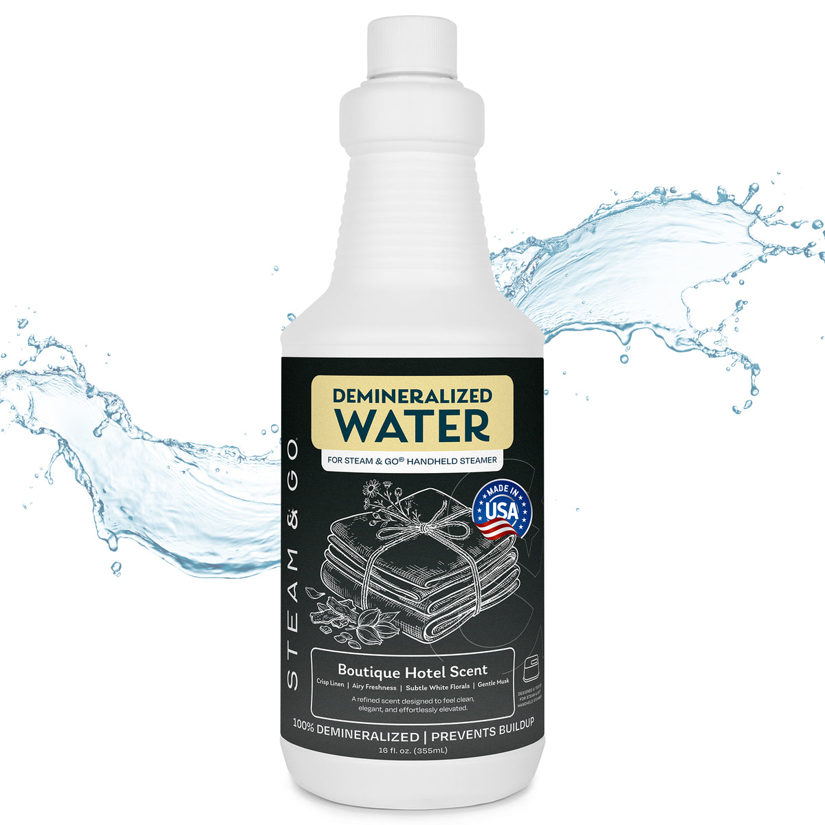 Steam & Go demineralized water for handheld garment steamers in Boutique Hotel scent, made in USA, prevents mineral buildup