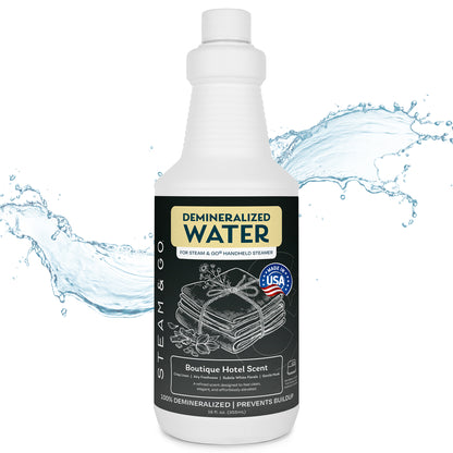 Steam & Go demineralized water for handheld garment steamers in Boutique Hotel scent, made in USA, prevents mineral buildup