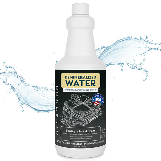 Steam & Go demineralized water for handheld garment steamers in Boutique Hotel scent, made in USA, prevents mineral buildup