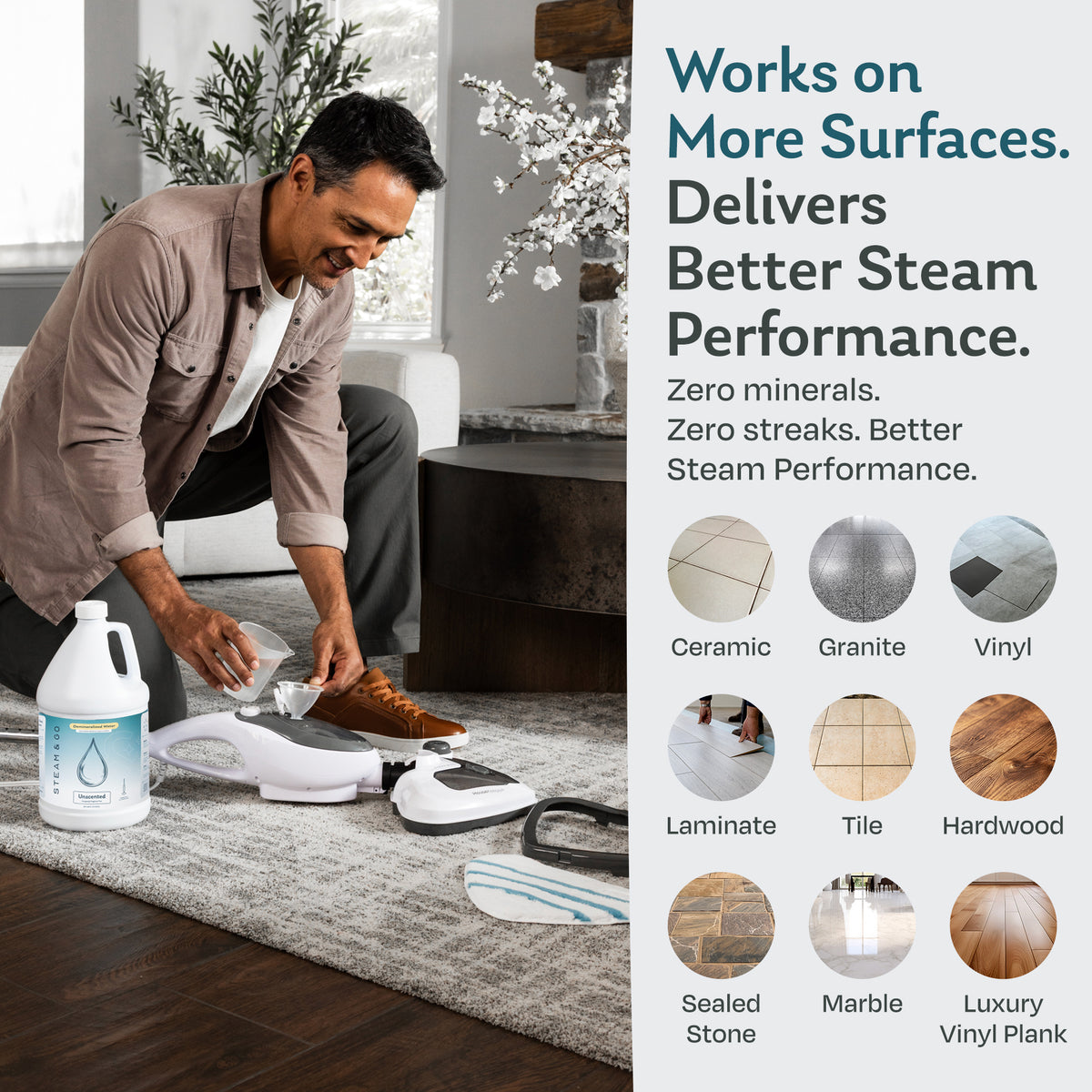 Man filling a steam mop with unscented demineralized water for streak-free cleaning on ceramic, granite, vinyl, laminate, tile, hardwood, sealed stone, marble and luxury vinyl plank
