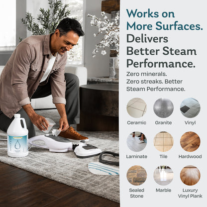 Man filling a steam mop with unscented demineralized water for streak-free cleaning on ceramic, granite, vinyl, laminate, tile, hardwood, sealed stone, marble and luxury vinyl plank