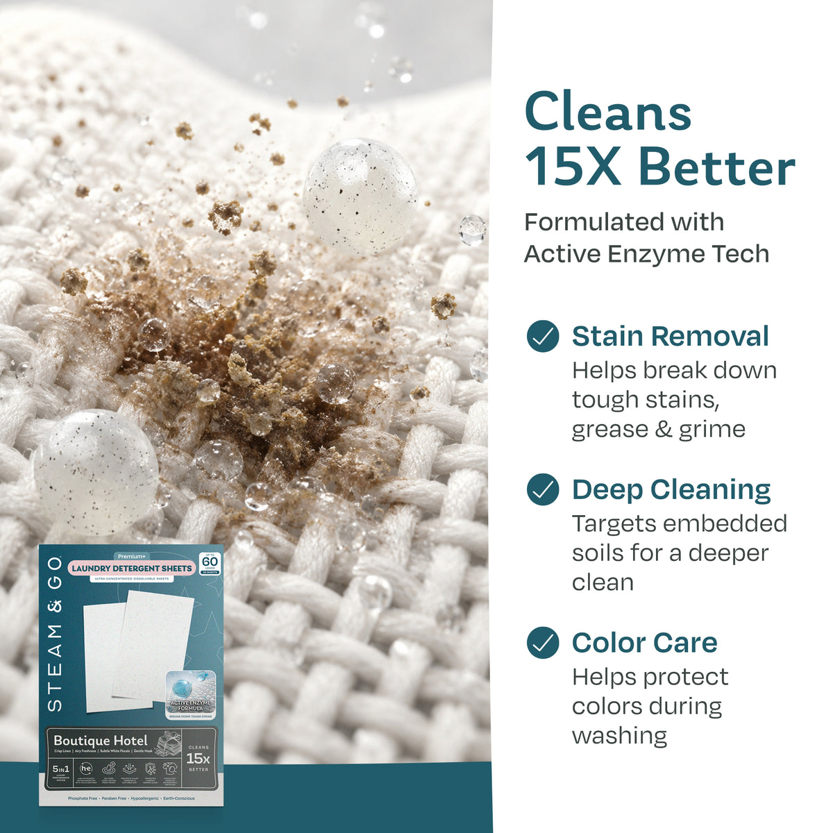 Steam & Go laundry detergent sheets with active enzymes lifting dirt and stains from fabric fibers for stain removal and color care