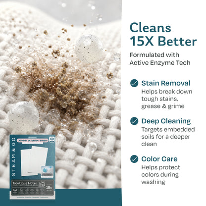 Steam & Go laundry detergent sheets with active enzymes lifting dirt and stains from fabric fibers for stain removal and color care