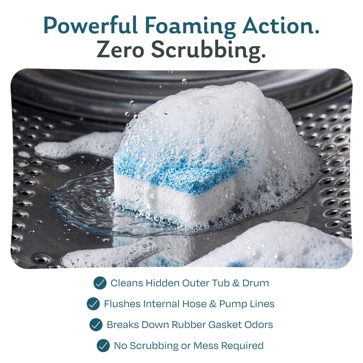 Washing machine cleaning tablet foaming in the drum to clean the outer tub, flush hoses and pump lines, and remove rubber gasket odors with no scrubbing