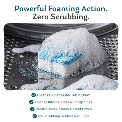 Washing machine cleaning tablet foaming in the drum to clean the outer tub, flush hoses and pump lines, and remove rubber gasket odors with no scrubbing
