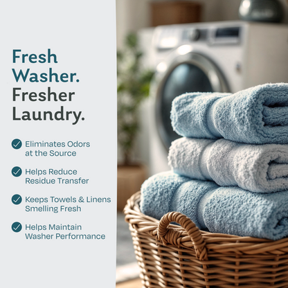 Fresh towels in a laundry basket in front of a clean washing machine; cleaner tablets eliminate washer odors and help keep towels and linens smelling fresh