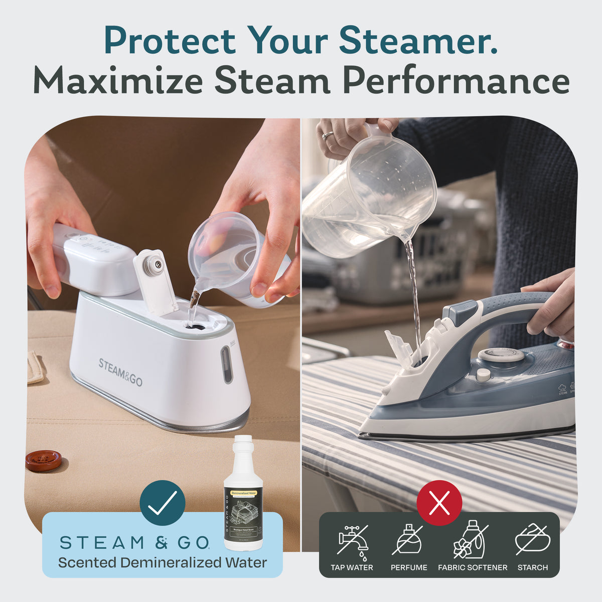 Filling a Steam & Go handheld garment steamer with scented demineralized water instead of tap water, perfume, fabric softener or starch to maximize steam performance