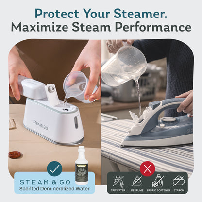 Filling a Steam & Go handheld garment steamer with scented demineralized water instead of tap water, perfume, fabric softener or starch to maximize steam performance