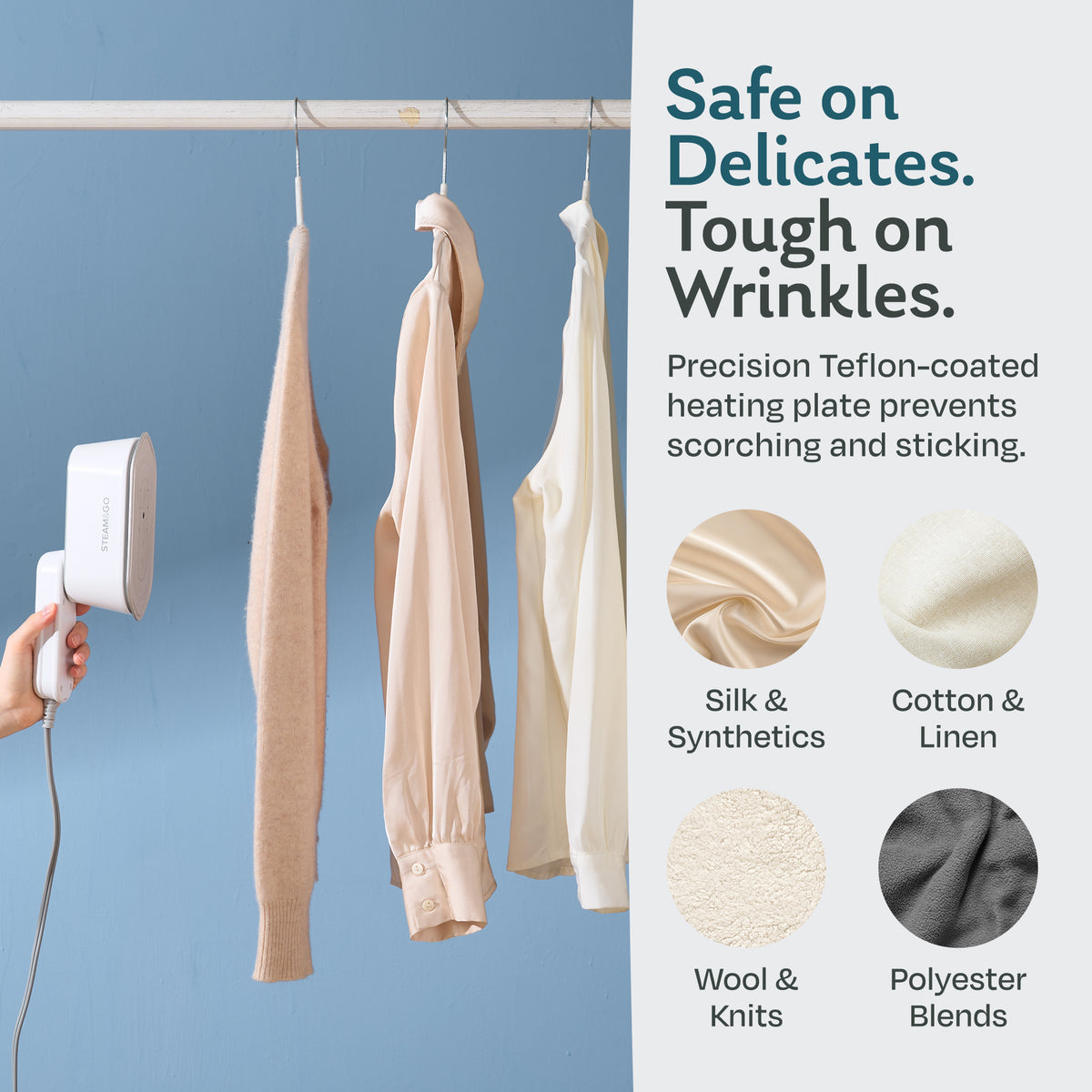Handheld garment steamer with a non-stick heating plate, safe on delicate silk, cotton, linen, wool, knits and polyester blends