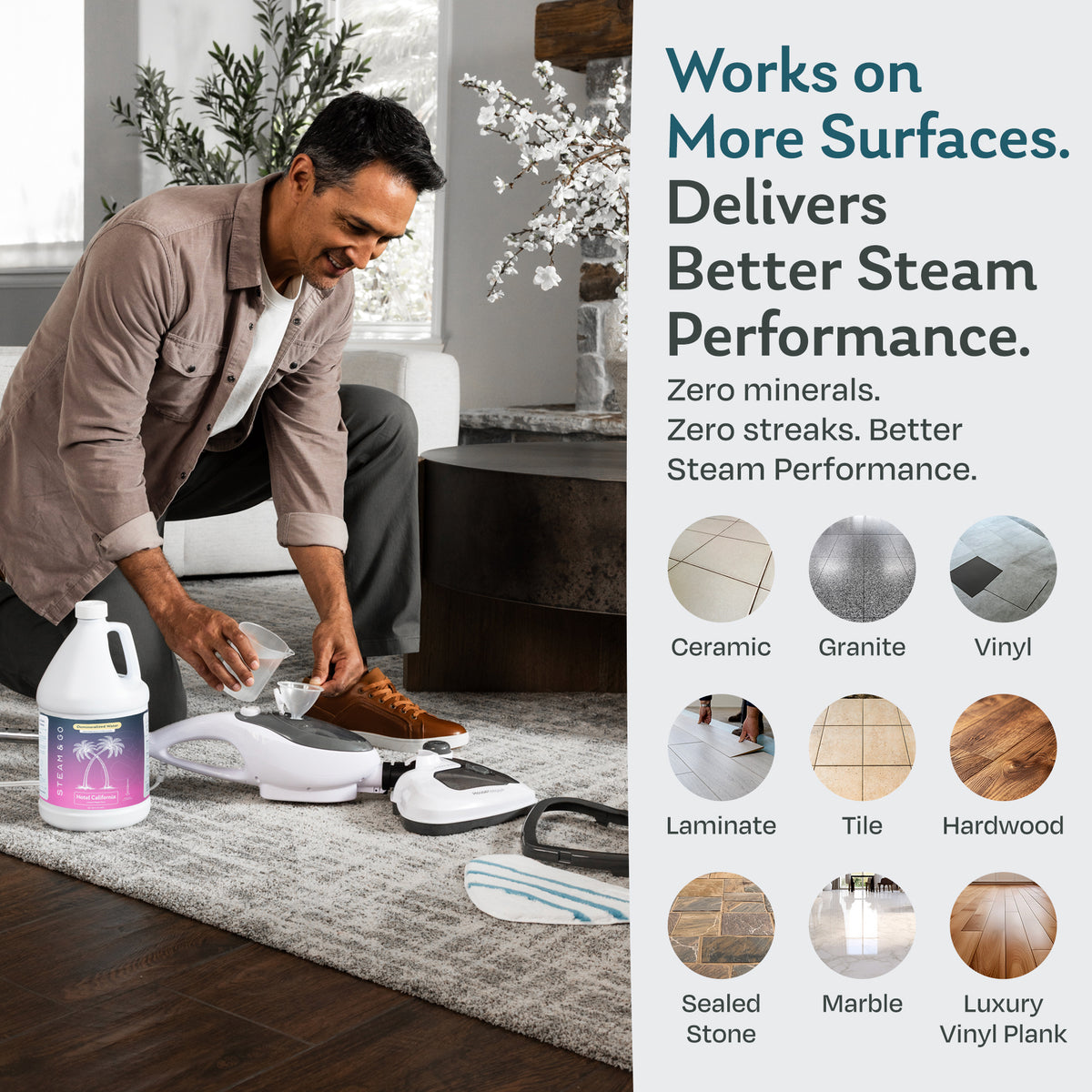 Man filling a steam mop with Hotel California scented demineralized water for streak-free cleaning on ceramic, granite, vinyl, laminate, tile, hardwood, sealed stone, marble and luxury vinyl plank