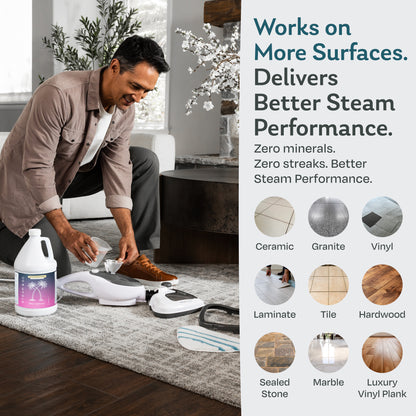 Man filling a steam mop with Hotel California scented demineralized water for streak-free cleaning on ceramic, granite, vinyl, laminate, tile, hardwood, sealed stone, marble and luxury vinyl plank