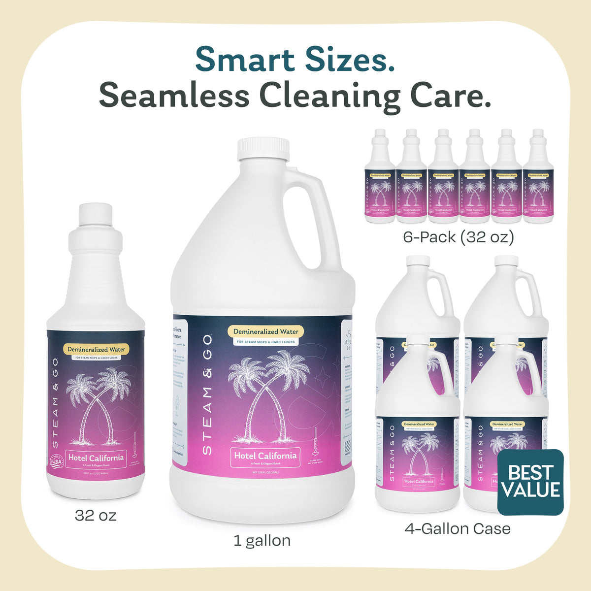 Hotel California scented demineralized water for steam mops in 32 oz, 1 gallon, 6-pack of 32 oz bottles, and best-value 4-gallon case