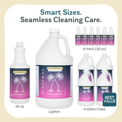 Hotel California scented demineralized water for steam mops in 32 oz, 1 gallon, 6-pack of 32 oz bottles, and best-value 4-gallon case