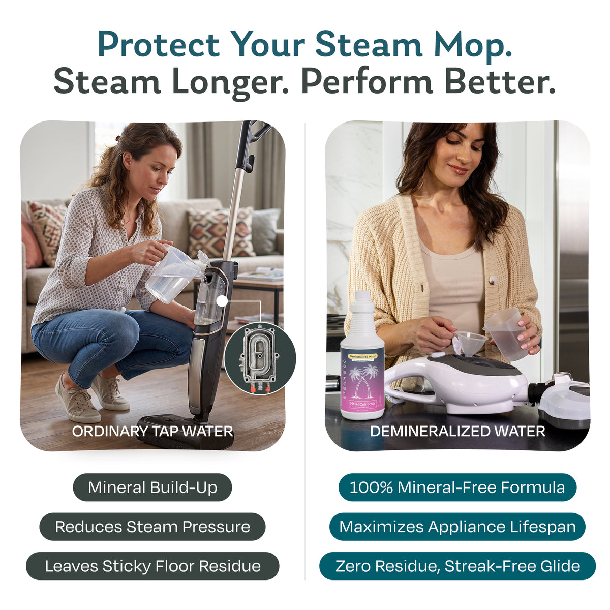Tap water vs Hotel California scented demineralized water for steam mops: tap water causes mineral buildup, while mineral-free water protects the mop and leaves streak-free floors