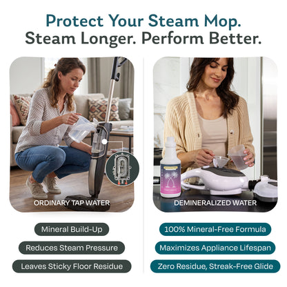 Tap water vs Hotel California scented demineralized water for steam mops: tap water causes mineral buildup, while mineral-free water protects the mop and leaves streak-free floors