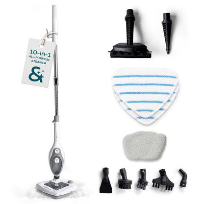 The Housekeeper 10-in-1 steam mop with detachable handheld steam cleaner, mop pads, carpet glider and brush attachments