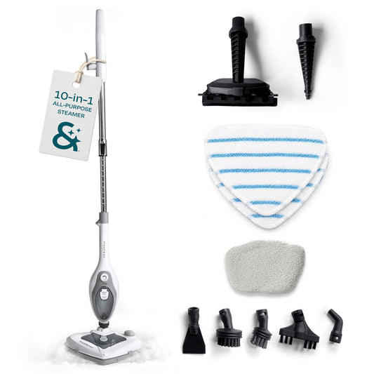 The Housekeeper 10-in-1 steam mop with detachable handheld steam cleaner, mop pads, carpet glider and brush attachments