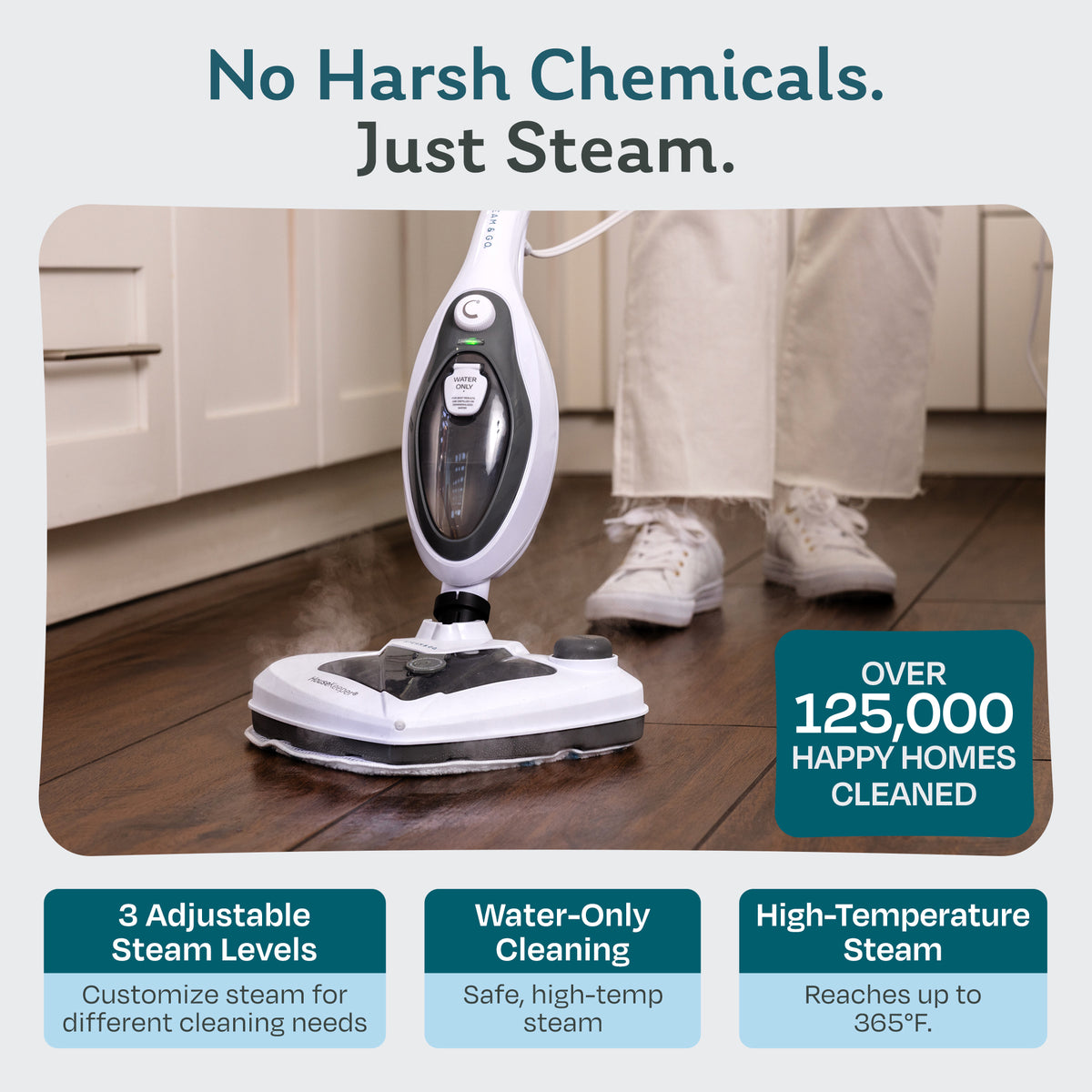 Housekeeper steam mop cleaning a hardwood kitchen floor with chemical-free 365°F steam and 3 adjustable steam levels