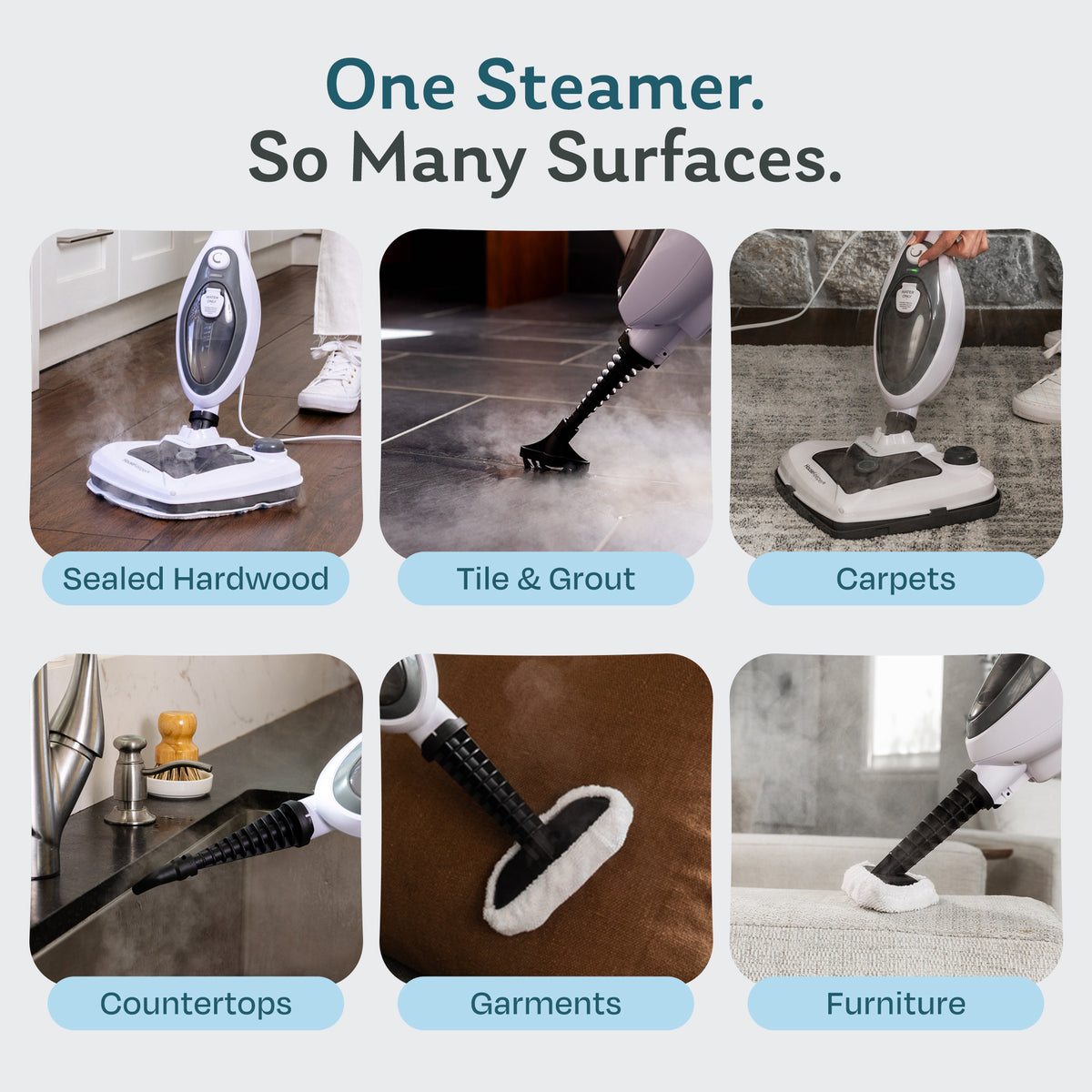 Housekeeper steam mop and handheld steam cleaner used on sealed hardwood, tile and grout, carpets, countertops, garments and furniture