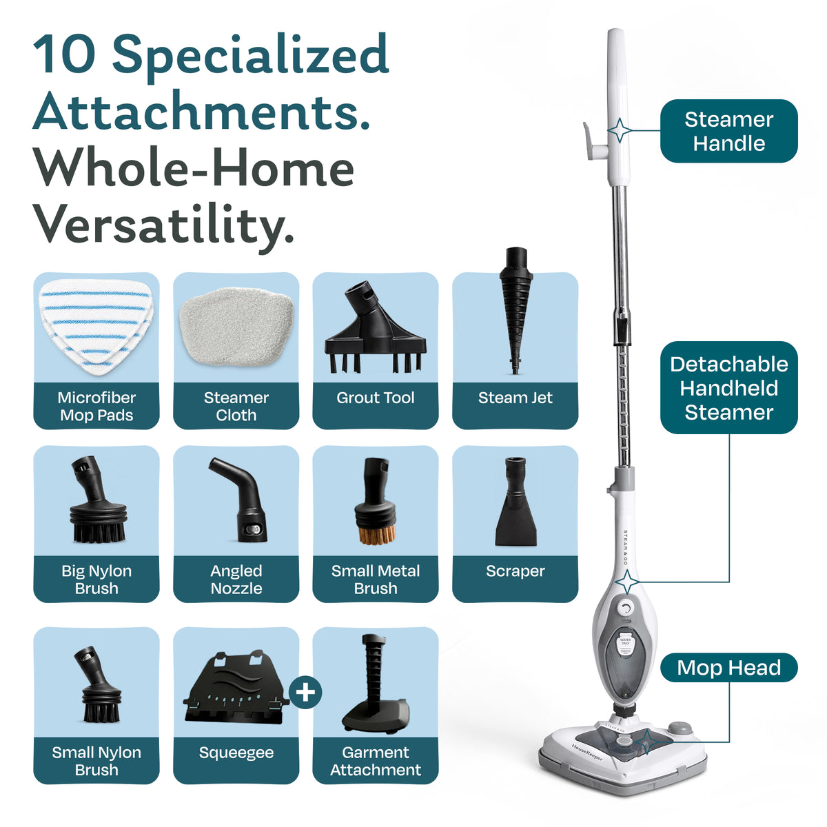 Housekeeper steam mop 10 attachments including grout tool, steam jet, nylon and metal brushes, squeegee and garment steamer attachment