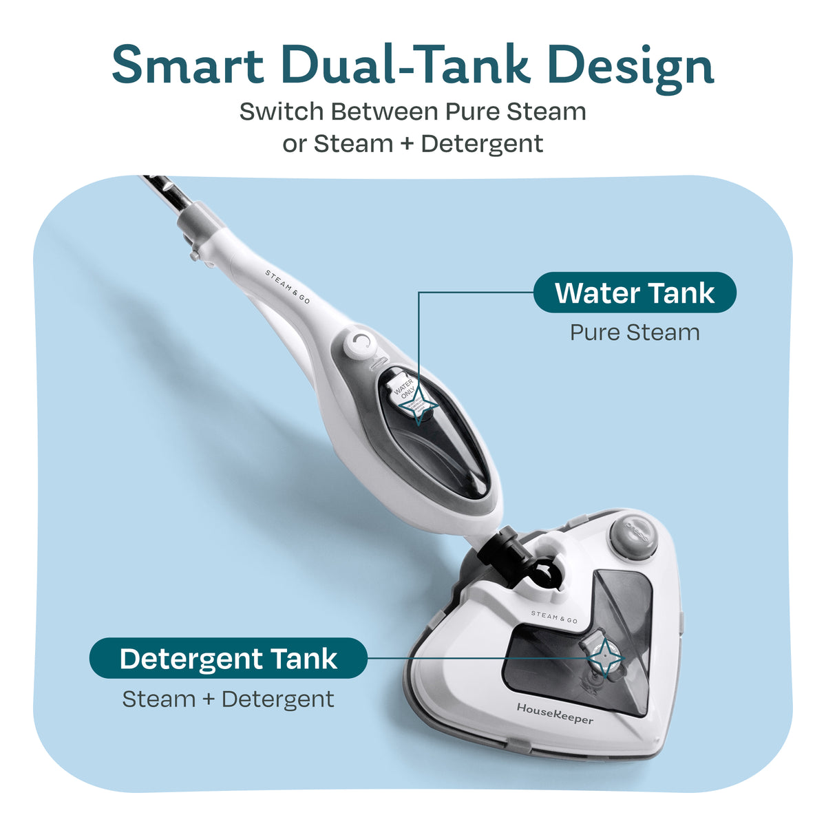 Housekeeper steam mop dual-tank design with separate water tank for pure steam and detergent tank for steam plus cleaner