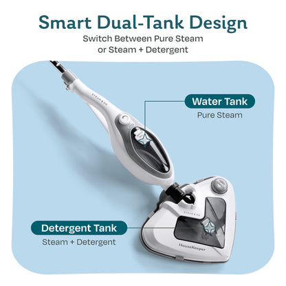 Housekeeper steam mop dual-tank design with separate water tank for pure steam and detergent tank for steam plus cleaner