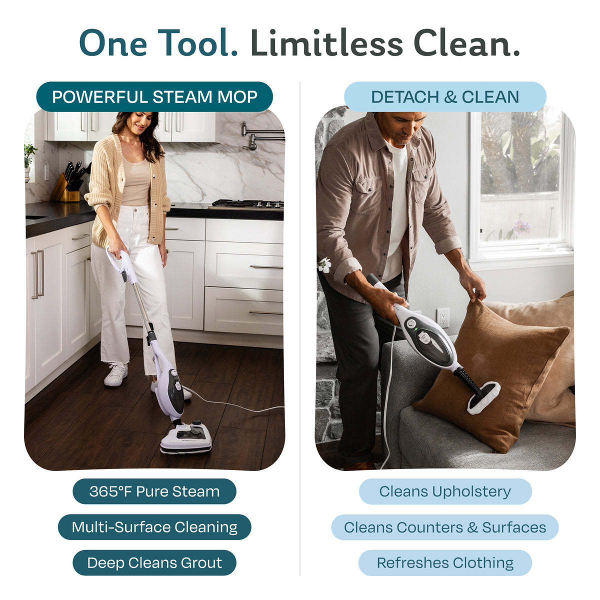 Woman using the Housekeeper steam mop on a kitchen floor and man using the detachable handheld steam cleaner on a couch