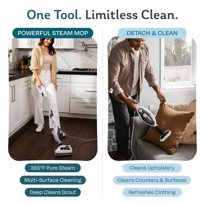 Woman using the Housekeeper steam mop on a kitchen floor and man using the detachable handheld steam cleaner on a couch